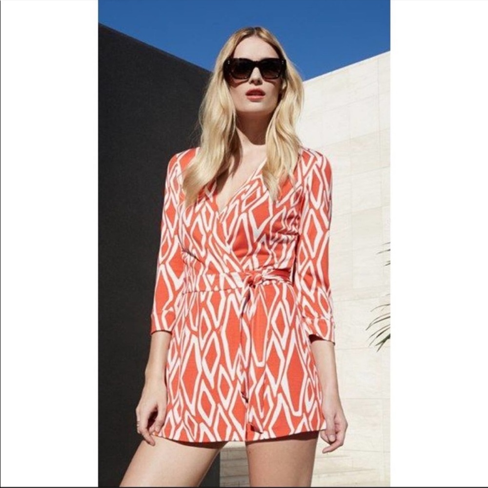 DVF Celeste Wrap Silk Romper Ikat Print Red 6